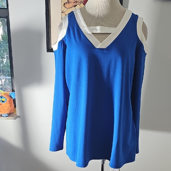 Belle by Kim Gravel Blue and White Top.  Size XL. NWOT. - Picture 1 of 8